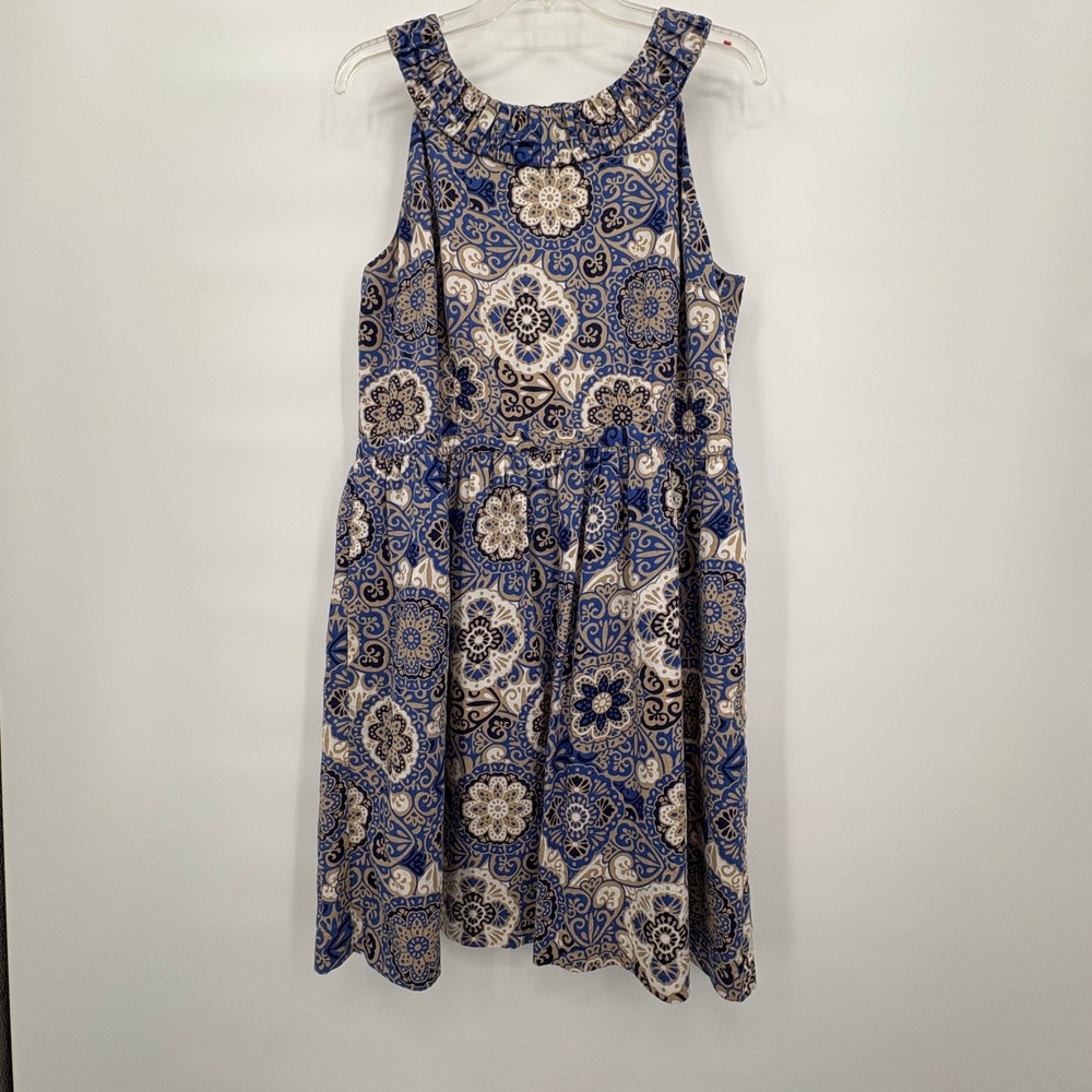 Ann Taylor LOFT Women 14 Blue Medallion Print Ruffle Neck Fit Flare Dress Zipper